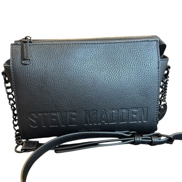 Steve Madden Pebbled Faux Leather Crossbody Bag Purse Black Chain Shoulder Strap - Picture 7 of 7